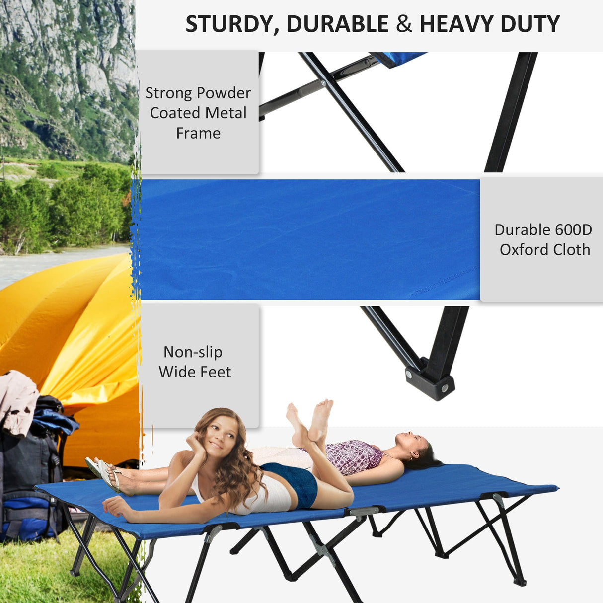 Outsunny Double Camping Cot Bed - Blue frame and fabric detail