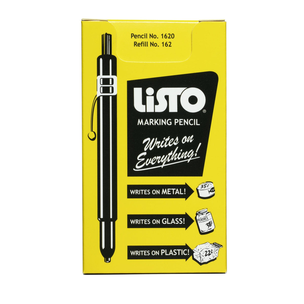 Listo 1620 Marking Pencil box of 12, yellow carton front with pocket-clip pencil drawing