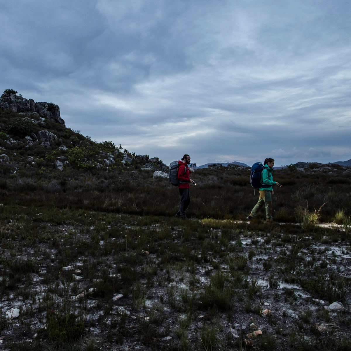 Two hikers with rucksacks crossing open moorland under a grey sky