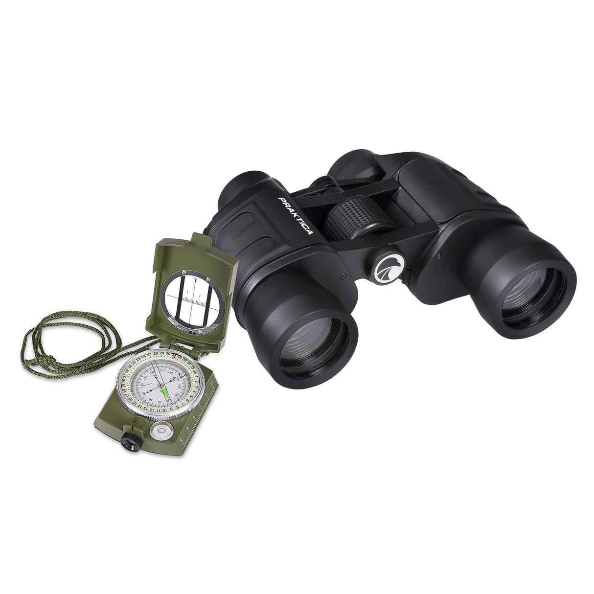 Praktica Falcon 8x40mm Wide Angle Porro Prism Field Binoculars in Black with compass from the front on white background