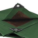 Close-up of the folded corner of the Green/Brown L-Grade Tarpaulin 1.5m x 2m showing the brown inner side and eyelets