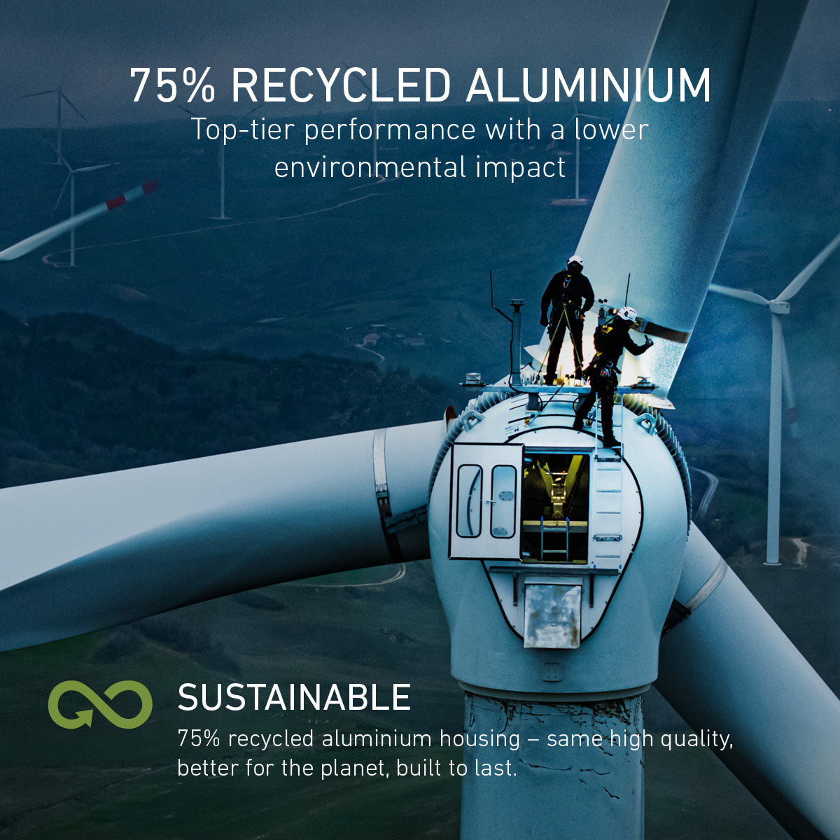 Ledlenser P-Series 75% recycled aluminium graphic with technicians on a wind turbine