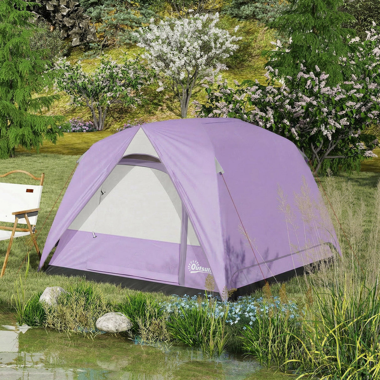 Outsunny 3-4 Person Camping Tent - Purple & Grey stakes ropes and accessories