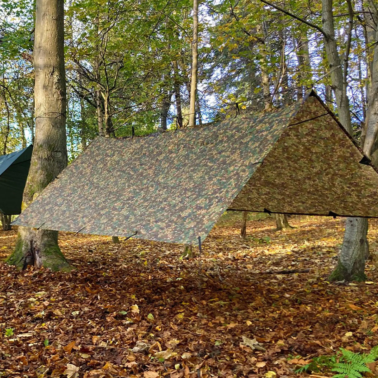 DD Tarp 3.5x3.5 in MC Camo as a military basha