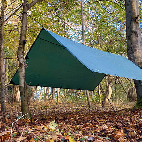 DD Tarp 3.5x3.5 in olive green pitched as an A-frame shelter between trees in autumn woodland