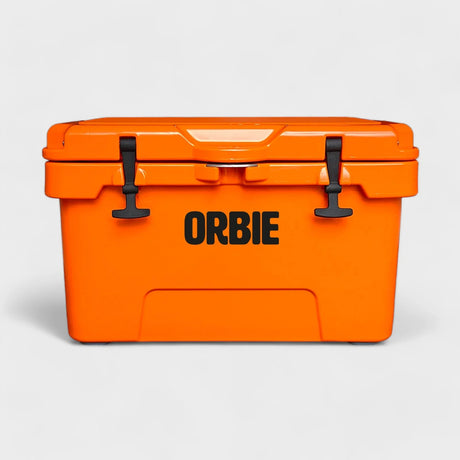 Orbie 35 rotomoulded cool box in orange, front view with both black rubber T-latches closed