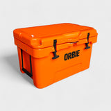 Orbie 35 cool box in orange closed, three-quarter view showing the rope carry handle and moulded 35 on the end