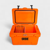 Orbie 35 cool box in orange open from the front, with the wire basket and divider inside and the padlock hasp on the lip