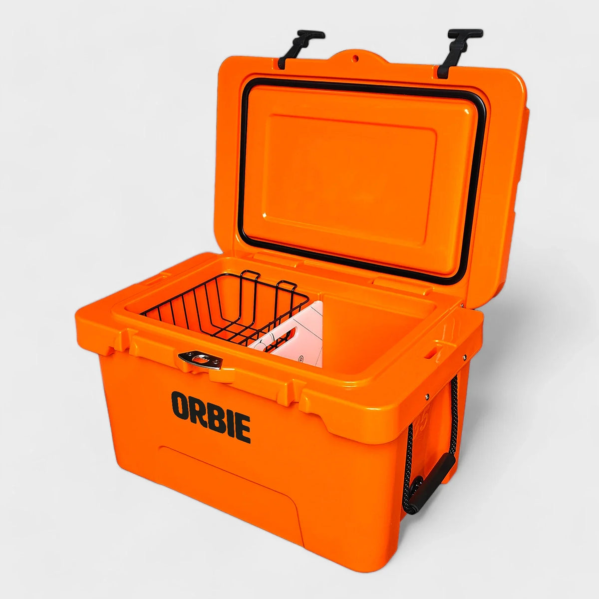 Orbie 35 cool box in orange open at an angle, showing the lid gasket, wire basket and white divider