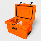 Orbie 35 cool box in orange open at an angle, showing the lid gasket, wire basket and white divider