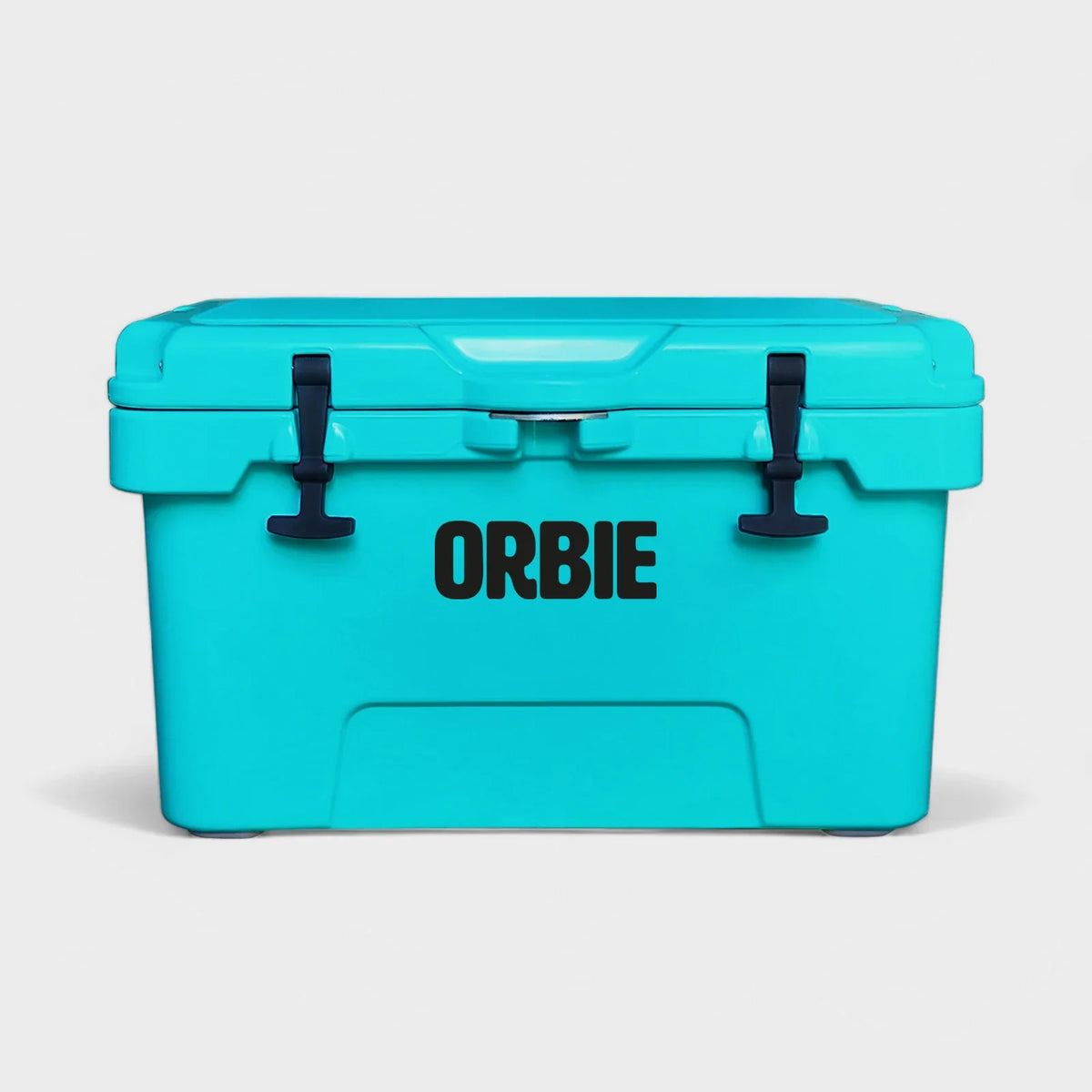 Orbie 35 rotomoulded cool box in turquoise, front view with both rubber T-latches closed