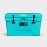 Orbie 35 rotomoulded cool box in turquoise, front view with both rubber T-latches closed