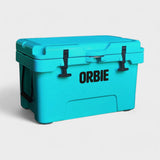 Orbie 35 cool box in turquoise closed, three-quarter view with the braided rope carry handle on the end