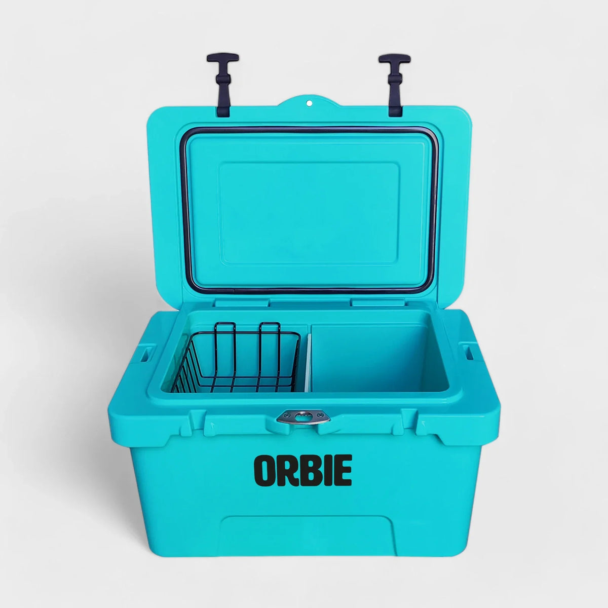 Orbie 35 cool box in turquoise open from the front, showing the lid gasket, wire basket and white divider