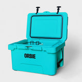 Orbie 35 cool box in turquoise open at an angle, with the divider splitting the interior in two
