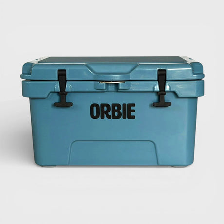 Orbie 35 rotomoulded cool box in Mountain Blue, front view with both rubber T-latches closed