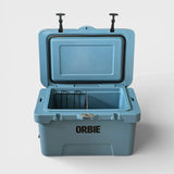 Orbie 35 cool box in Mountain Blue open from the front, showing the lid gasket and the padlock hasp