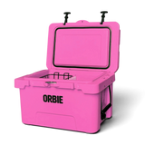 Orbie 35 cool box in pink open at an angle, showing the lid gasket, wire basket and divider inside