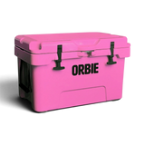Orbie 35 cool box in pink closed, three-quarter view showing the end with its rope carry handle