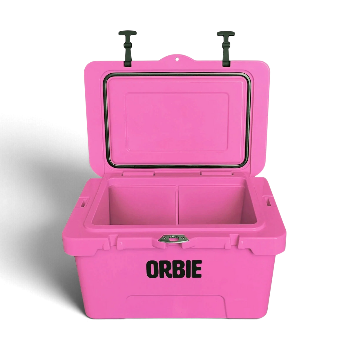 Orbie 35 cool box in pink open and empty, front view showing the lid gasket and the interior