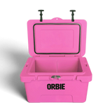 Orbie 35 cool box in pink open and empty, front view showing the lid gasket and the interior