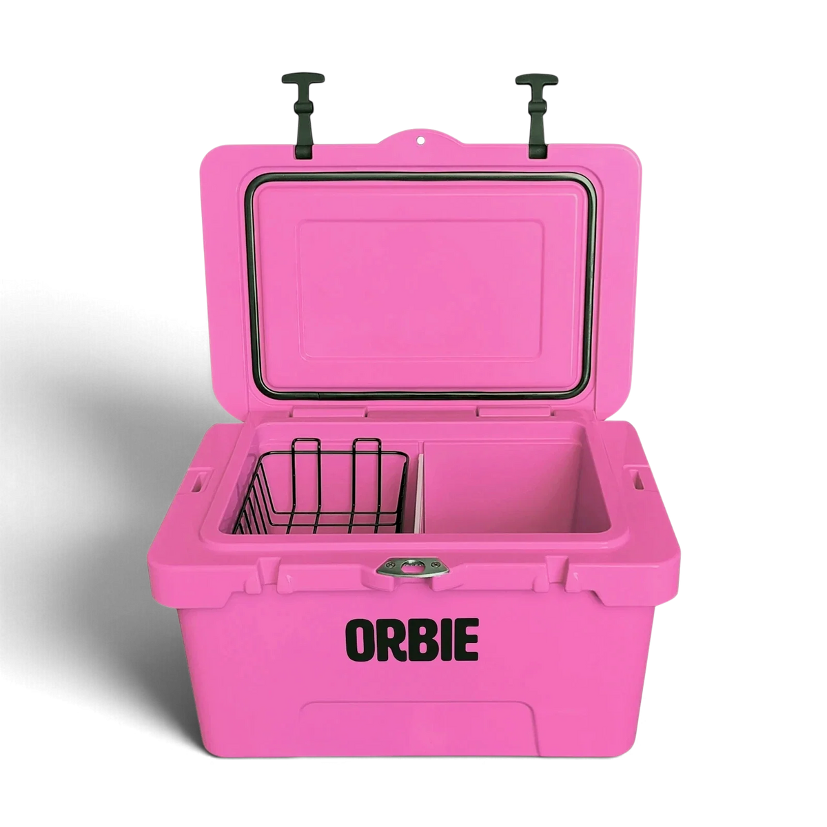Orbie 35 cool box in pink open from the front, with the wire basket on one side of the divider