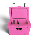 Orbie 35 cool box in pink open from the front, with the wire basket on one side of the divider