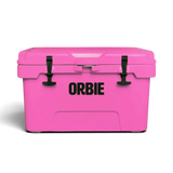 Orbie 35 rotomoulded cool box in pink, front view with both black rubber T-latches closed