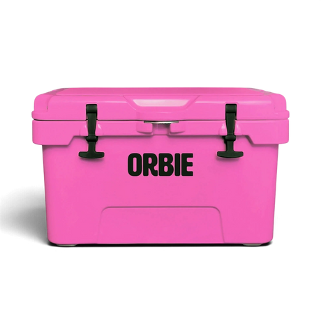 Orbie 35 rotomoulded cool box in pink, front view with both black rubber T-latches closed