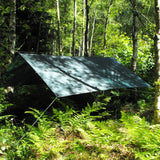 DD Tarp 3x3m in olive green pitched as an open canopy between trees in sunlit woodland