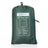 DD Tarp 3x3m in olive green packed in its drawcord stuff sack with spec label, on a white background