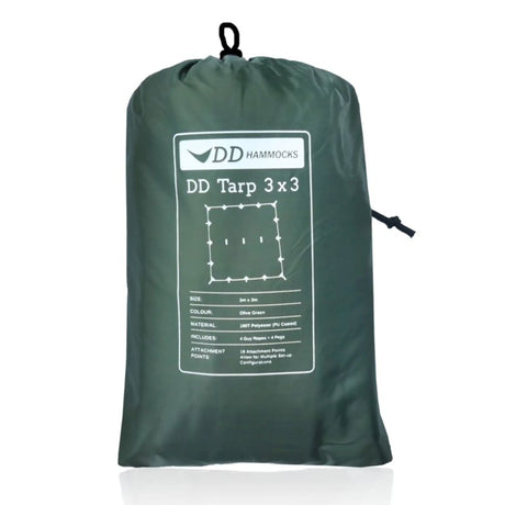 DD Tarp 3x3m in olive green packed in its drawcord stuff sack with spec label, on a white background