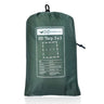 DD Tarp 3x3m in olive green packed in its drawcord stuff sack with spec label, on a white background