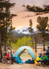 Kelty Wireless 4 Person Tent - pitched at a campsite at sunset