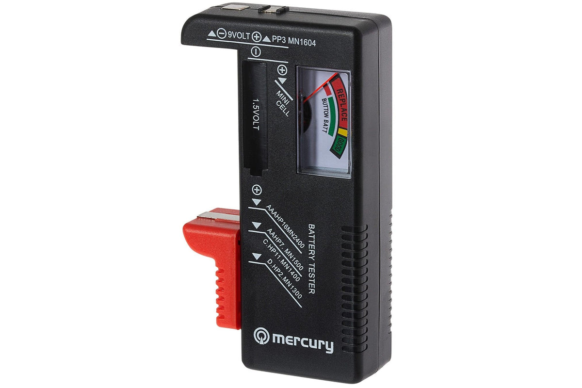 Mercury analogue battery tester at an angle, with red sliding contact