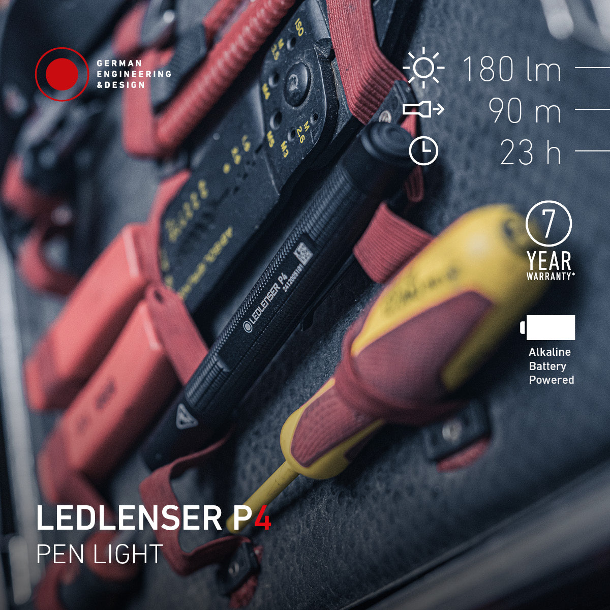 Ledlenser P4 pen light in a tool organiser beside screwdrivers