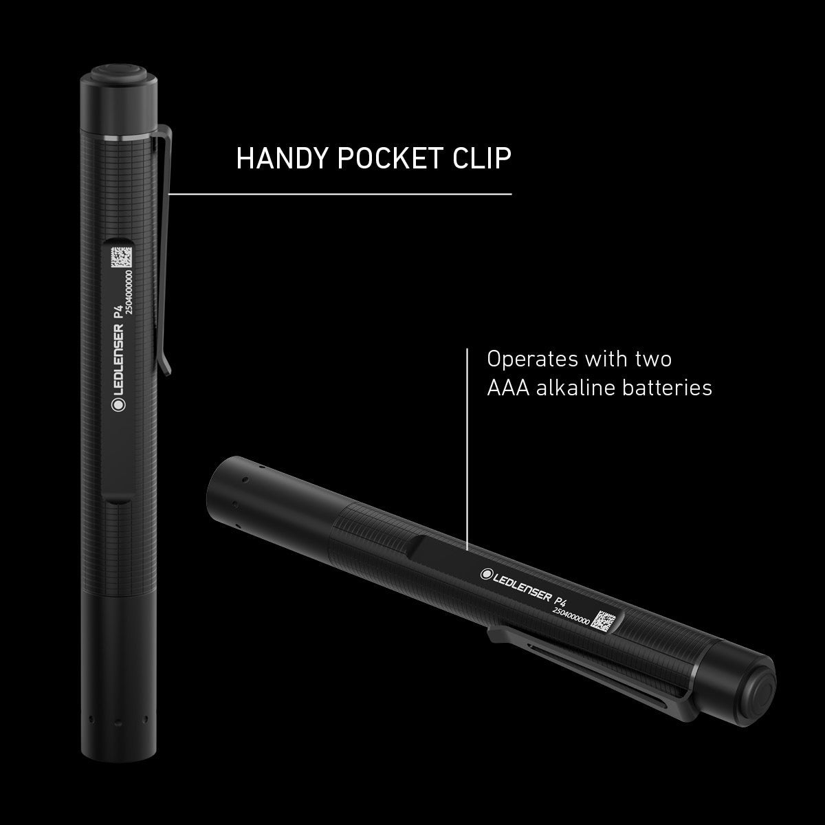 Ledlenser P4 infographic showing the pocket clip and two AAA batteries