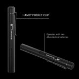 Ledlenser P4 infographic showing the pocket clip and two AAA batteries