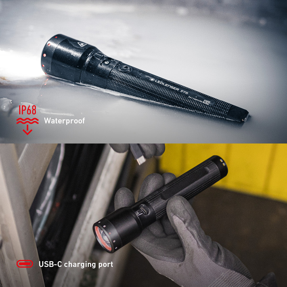 Ledlenser P7R in the wet and in a gloved hand, showing IP68 and the USB-C port