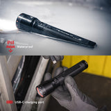 Ledlenser P7R in the wet and in a gloved hand, showing IP68 and the USB-C port