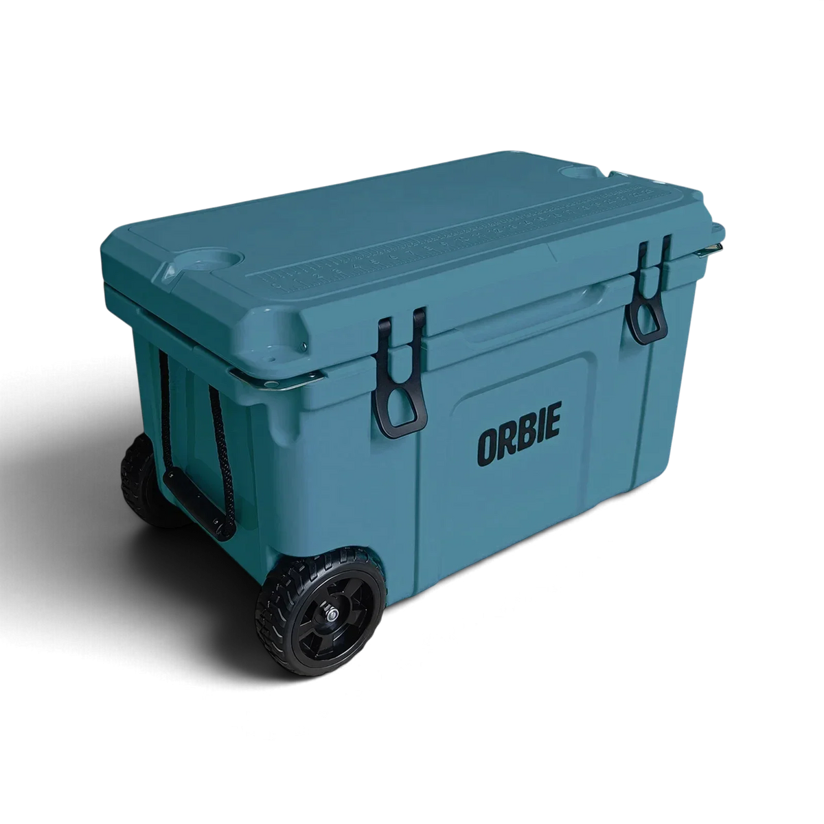 Orbie 55 wheeled cool box in Mountain Blue closed at an angle, showing a lid cup holder and the treaded wheels