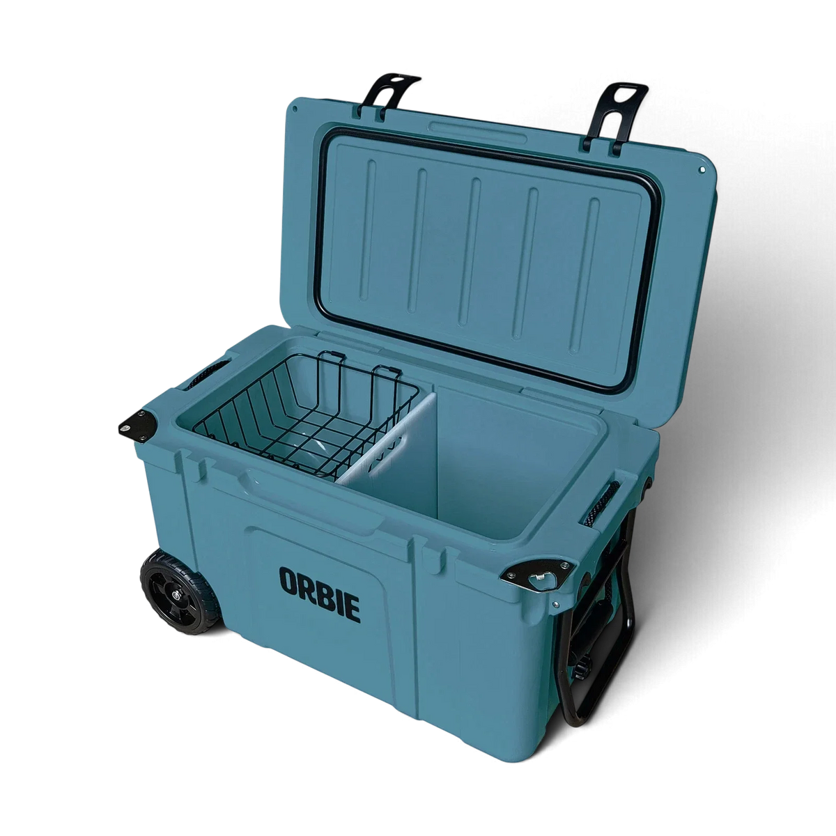 Orbie 55 cool box in Mountain Blue open at an angle, showing the lid gasket, wire basket, divider and folded tow handle
