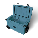 Orbie 55 cool box in Mountain Blue open at an angle, showing the lid gasket, wire basket, divider and folded tow handle