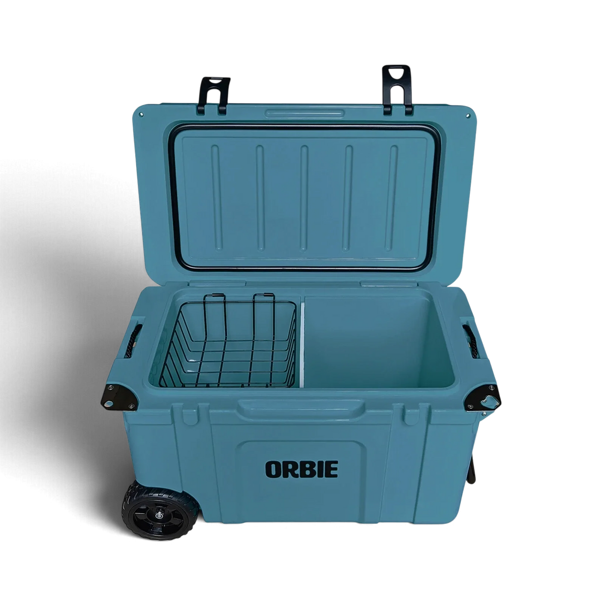 Orbie 55 cool box in Mountain Blue open from the front, with the wire basket and white divider fitted