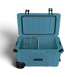 Orbie 55 cool box in Mountain Blue open from the front, with the wire basket and white divider fitted
