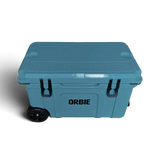 Orbie 55 cool box in Mountain Blue from the front and above, with the moulded lid ruler visible
