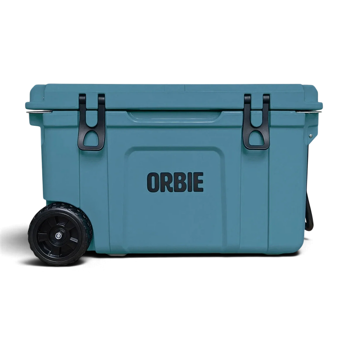 Orbie 55 wheeled cool box in Mountain Blue, front view with both latches closed and the wheels at one end