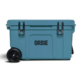 Orbie 55 wheeled cool box in Mountain Blue, front view with both latches closed and the wheels at one end