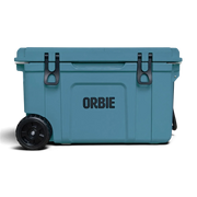 Orbie 55 wheeled cool box in Mountain Blue, front view with both latches closed and the wheels at one end