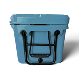 Handle end of the Mountain Blue Orbie 55 cool box, with the folding steel tow handle, rope loop and drain plug